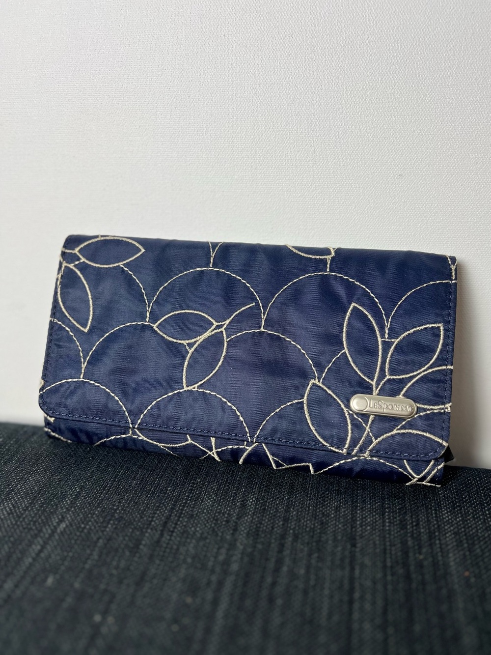 LeSportsac Navy Trifold Wallet with Embroidered Lead Pattern Nylon